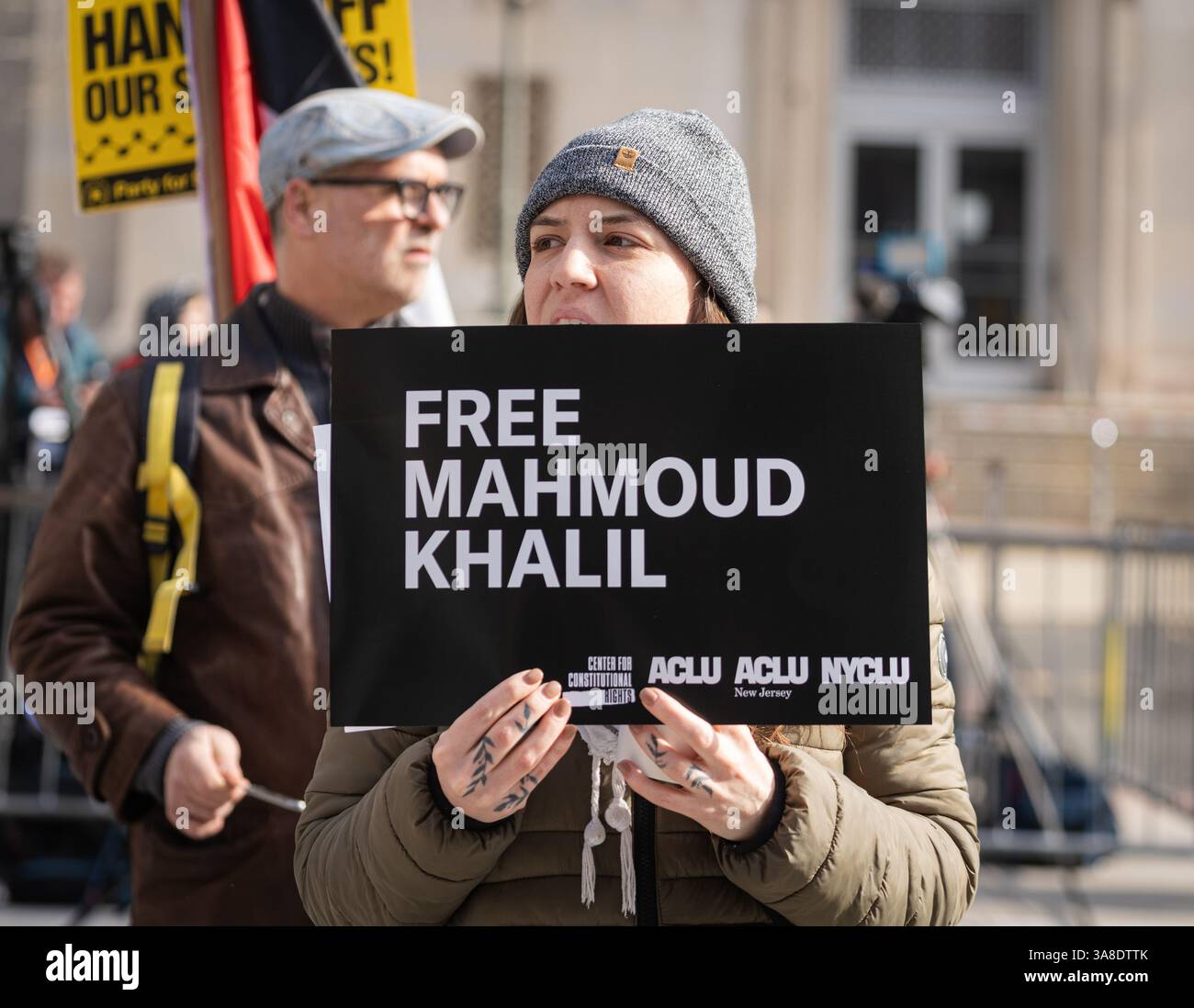 Newark, USA. 28th Mar, 2025. Pro Palestinian supporters for Mahmoud ...
