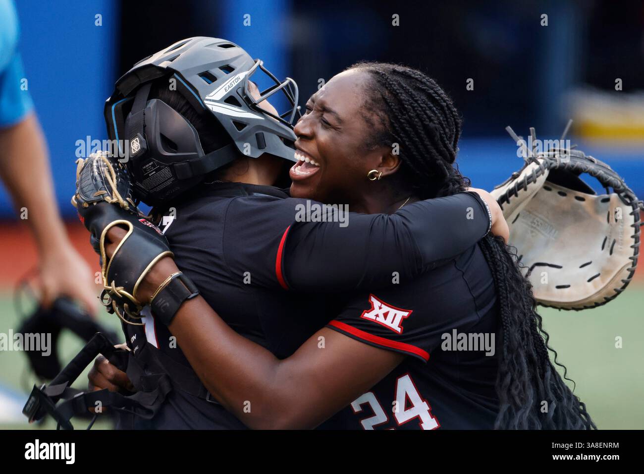 Texas Tech's NiJaree Canady, right, celebrates pitching a no-hitter ...