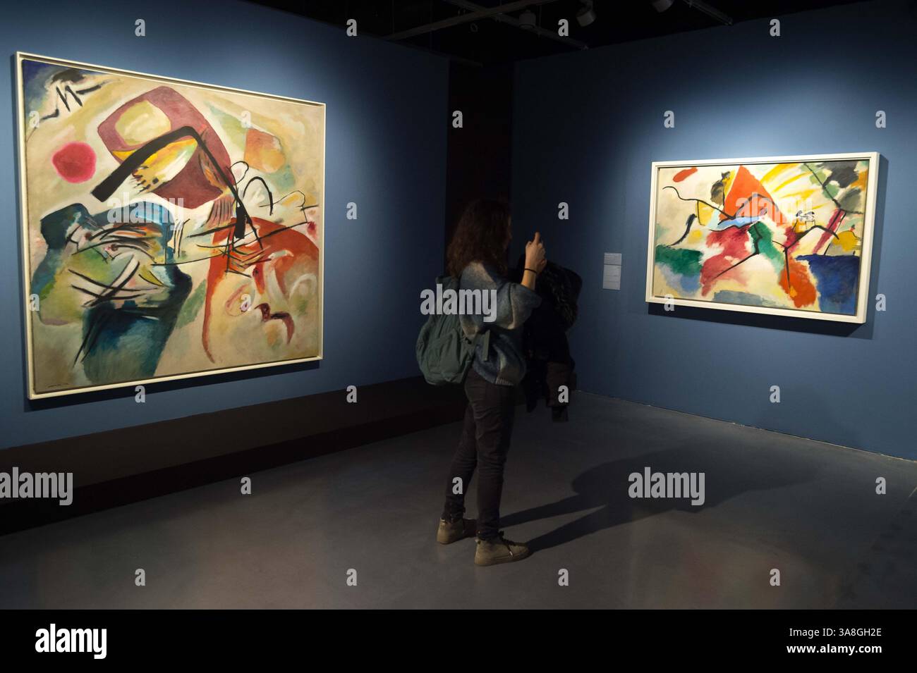 A woman is seen taking photos of the painting title "Vassily Kandinsky ...