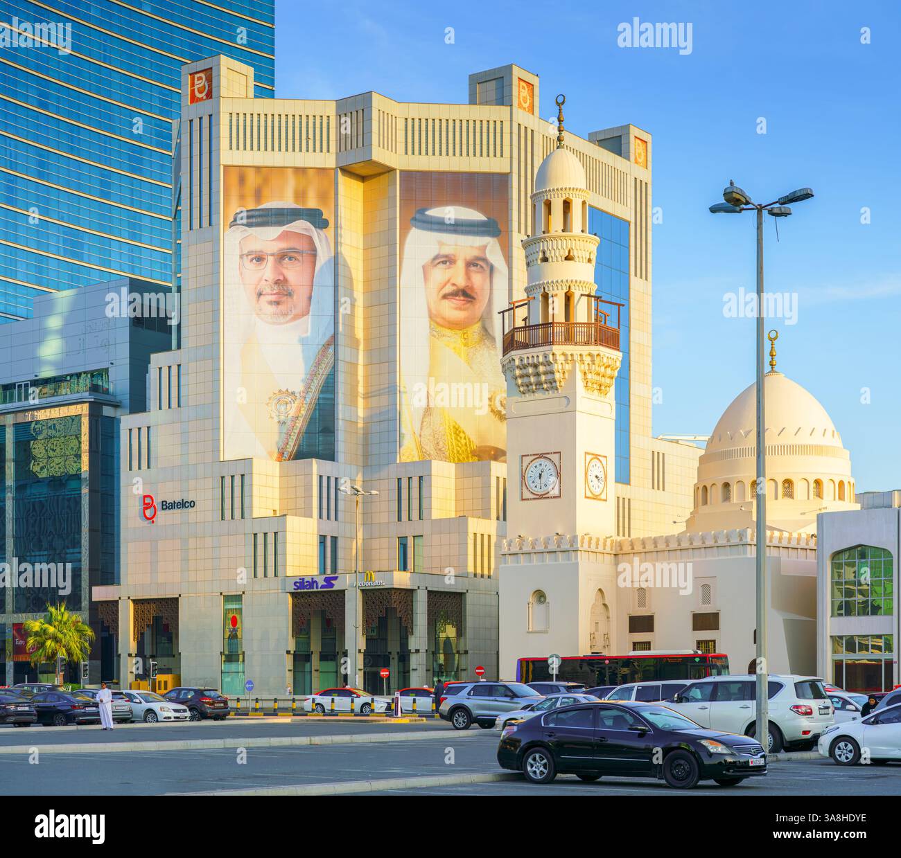 Manama, Bahrain - Jan 15 2024, view of the skyscraper with portraits ...