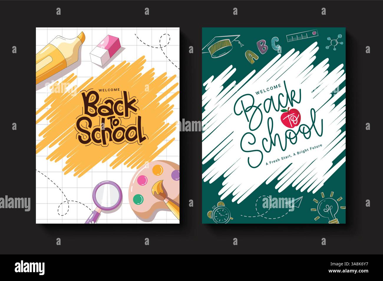 Welcome back to school greeting clipart poster set design. Back to ...