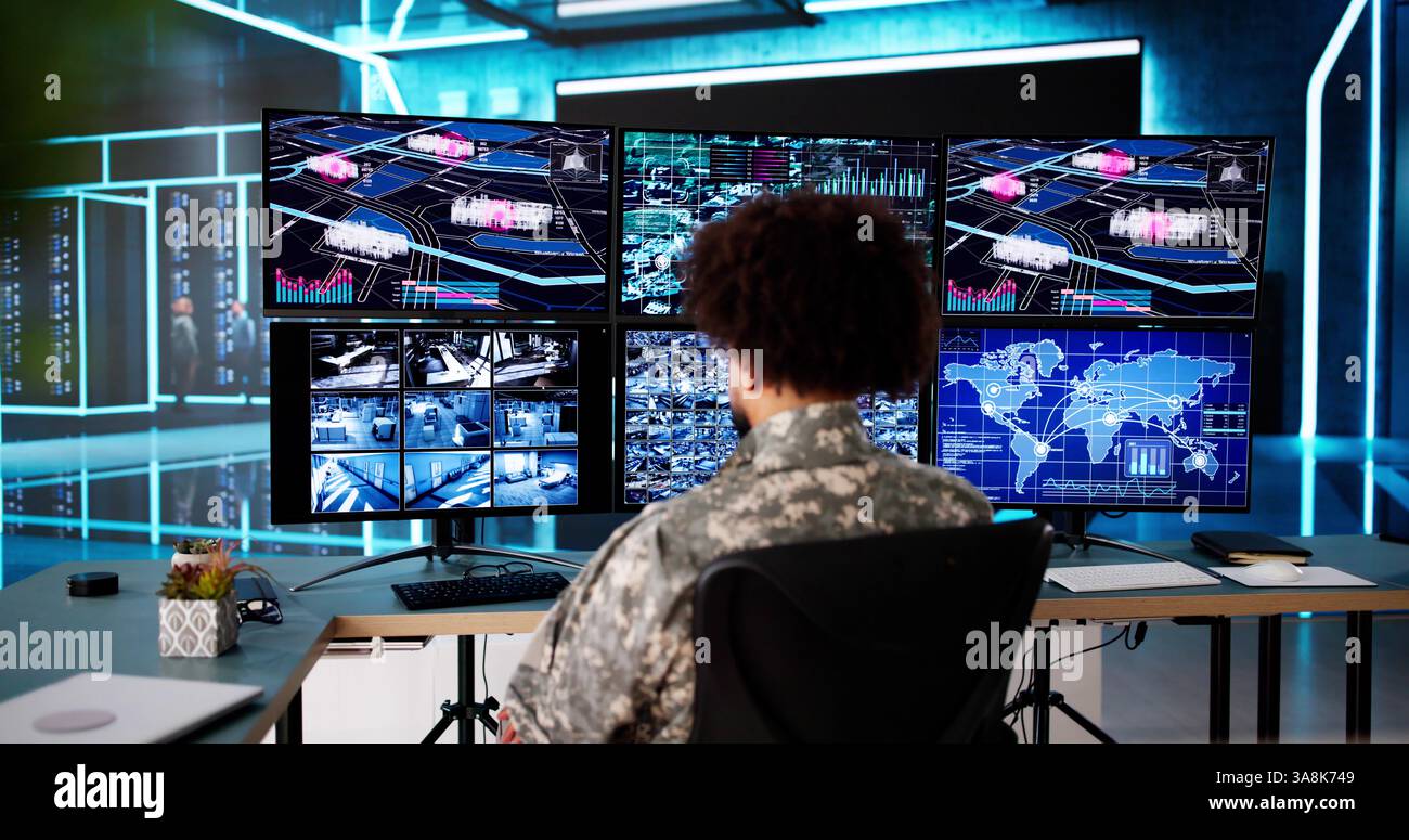 Air Reconnaissance Technology On Computer: Man Monitoring Security ...