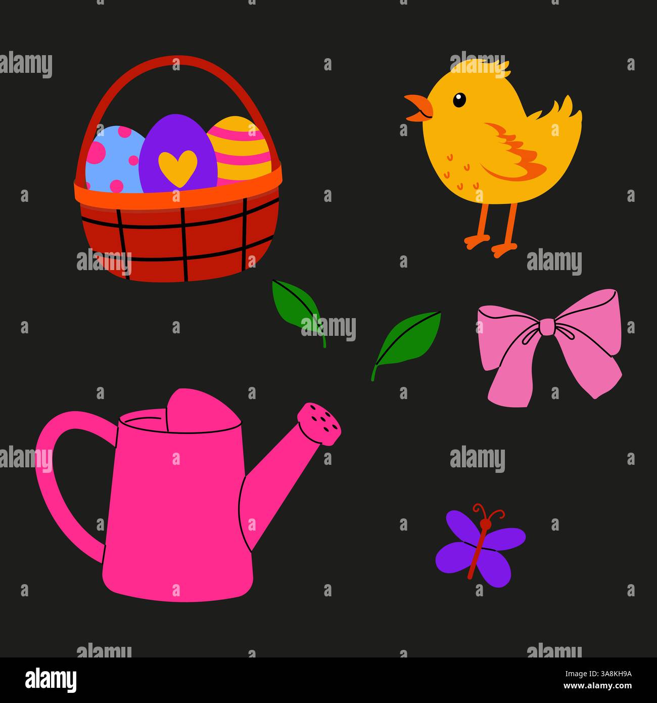 Bright and colorful spring elements featuring eggs, a chick, and gardening tools Stock Vector