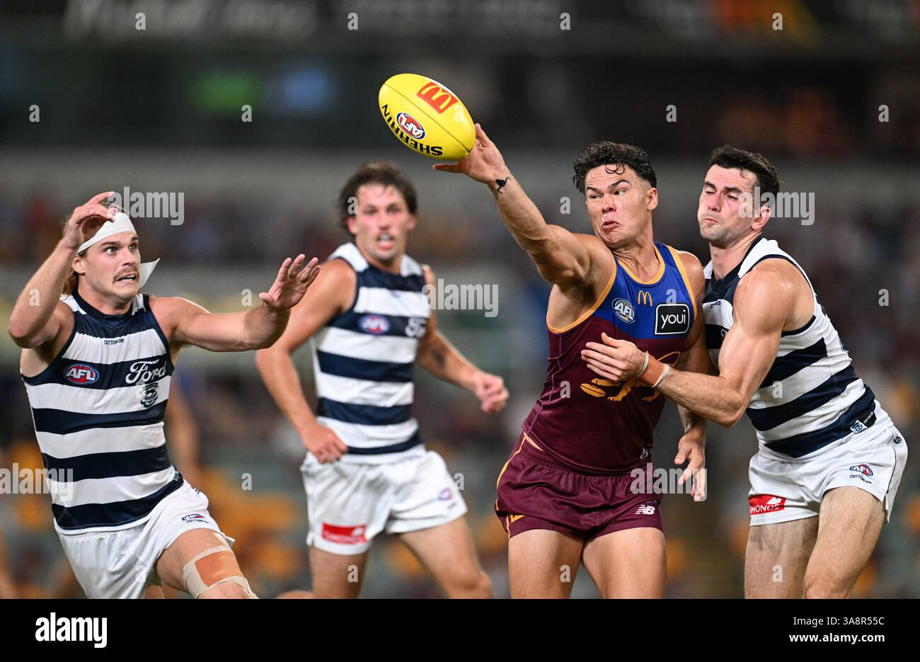 Cam Rayner of the Lions competes with Mark O’Connor of the Cats during ...