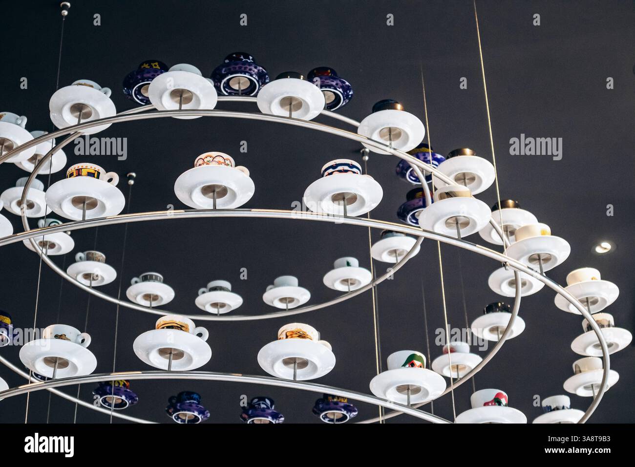 Trieste, Italy - August 18, 2024: A unique chandelier made of coffee ...