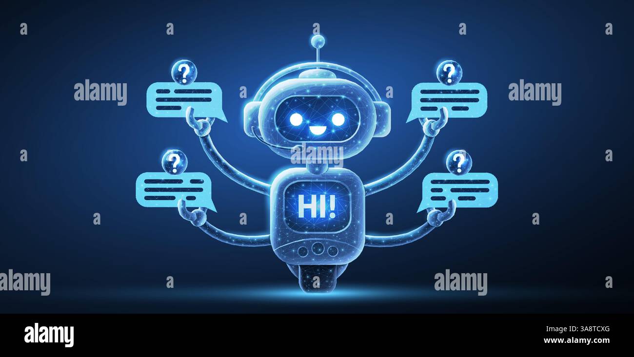 Customer service robot on blue. Chatbot assistant, AI bot, digital character Stock Vector