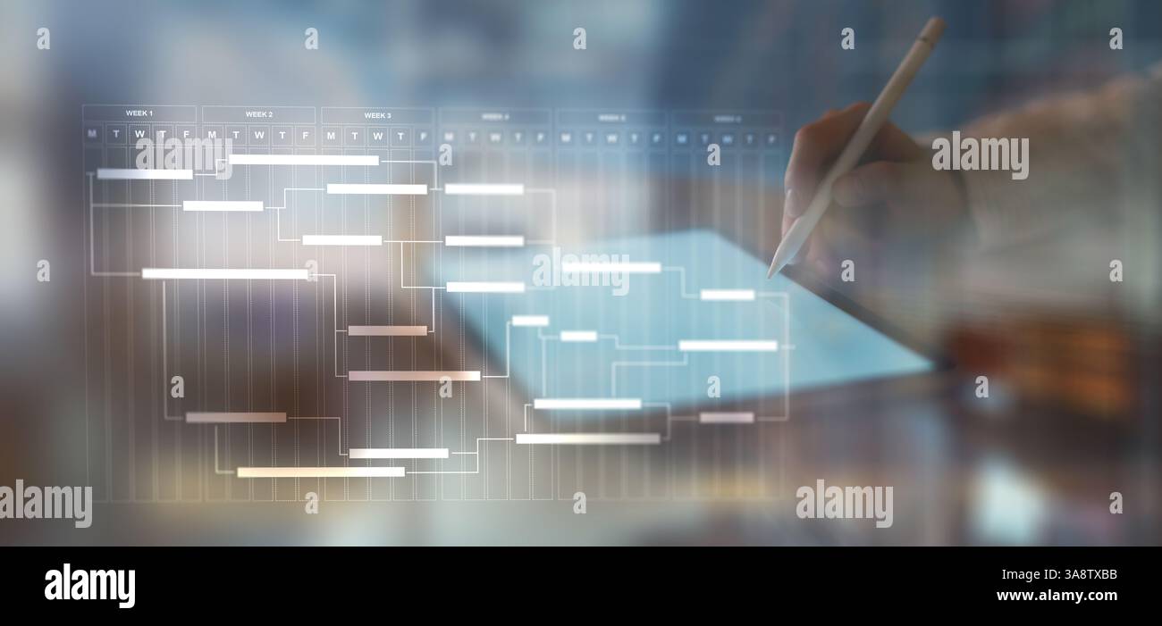 Project Management and Workflow Scheduling Illustrated on a Digital Gantt Chart Interface. Stock Photo
