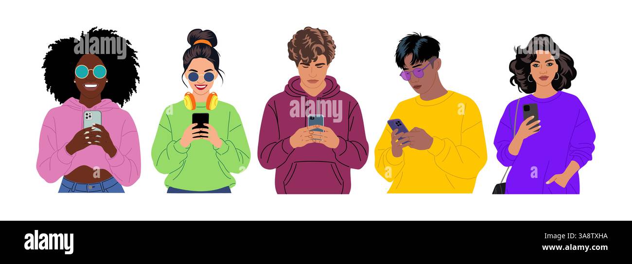 Set of different young People using mobile phones Stock Vector Image ...