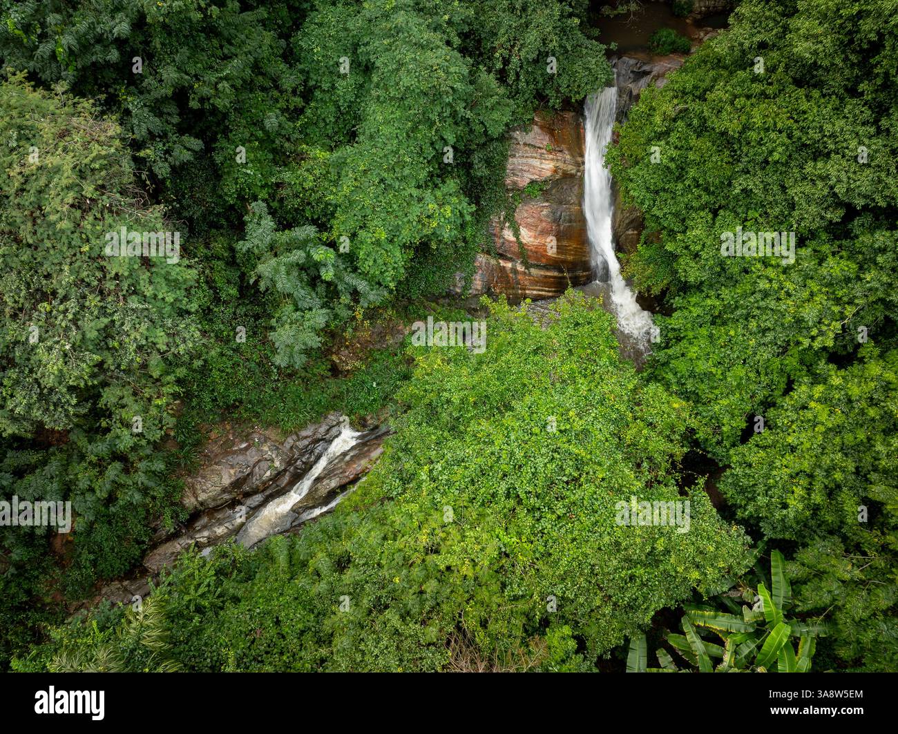 The image captures the Secret Waterfall in Illukpelessa, Sri Lanka, surrounded by dense tropical greenery. Water cascades over rugged rocks into a tra Stock Photo