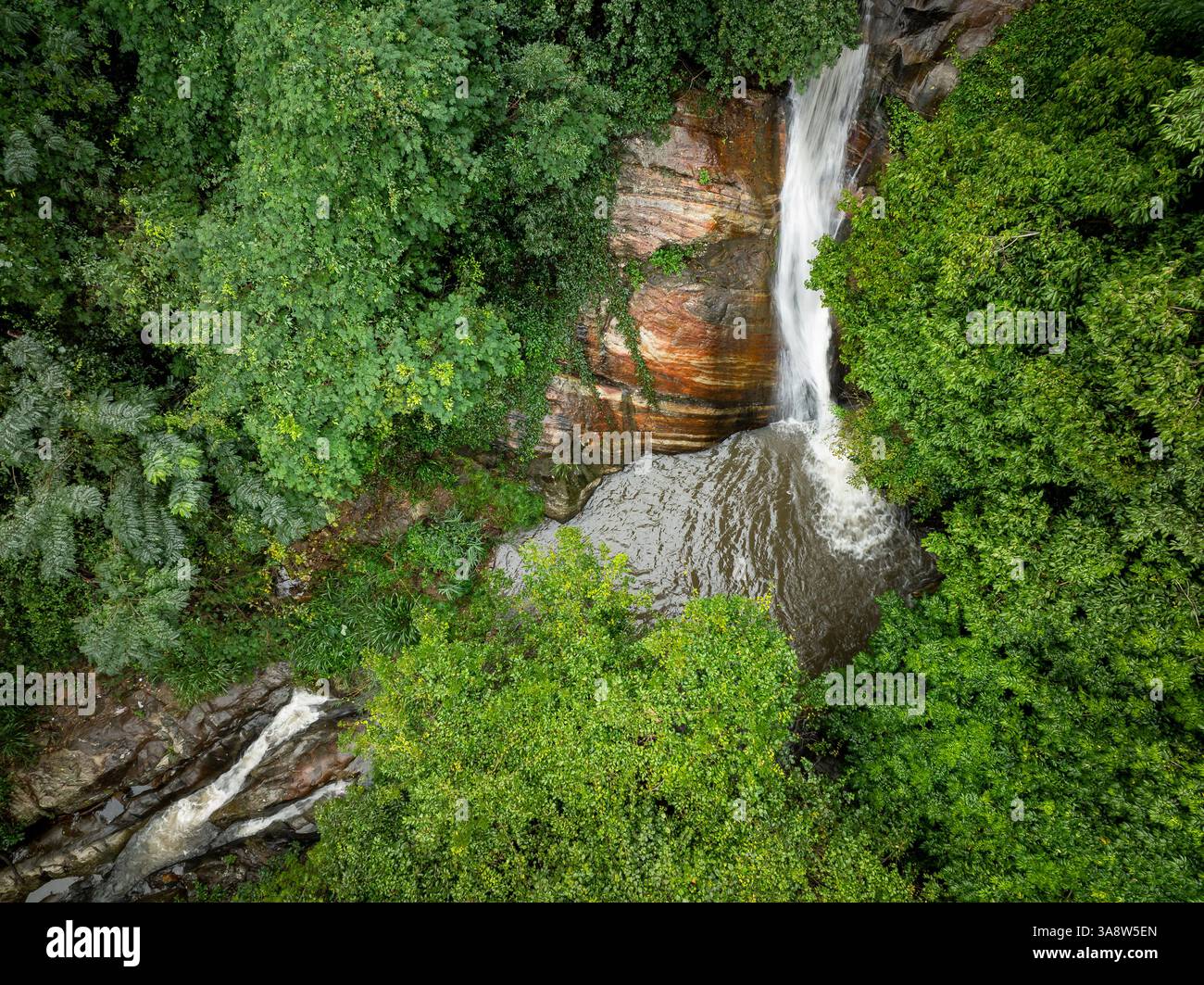 The image captures the Secret Waterfall in Illukpelessa, Sri Lanka, surrounded by dense tropical greenery. Water cascades over rugged rocks into a tra Stock Photo