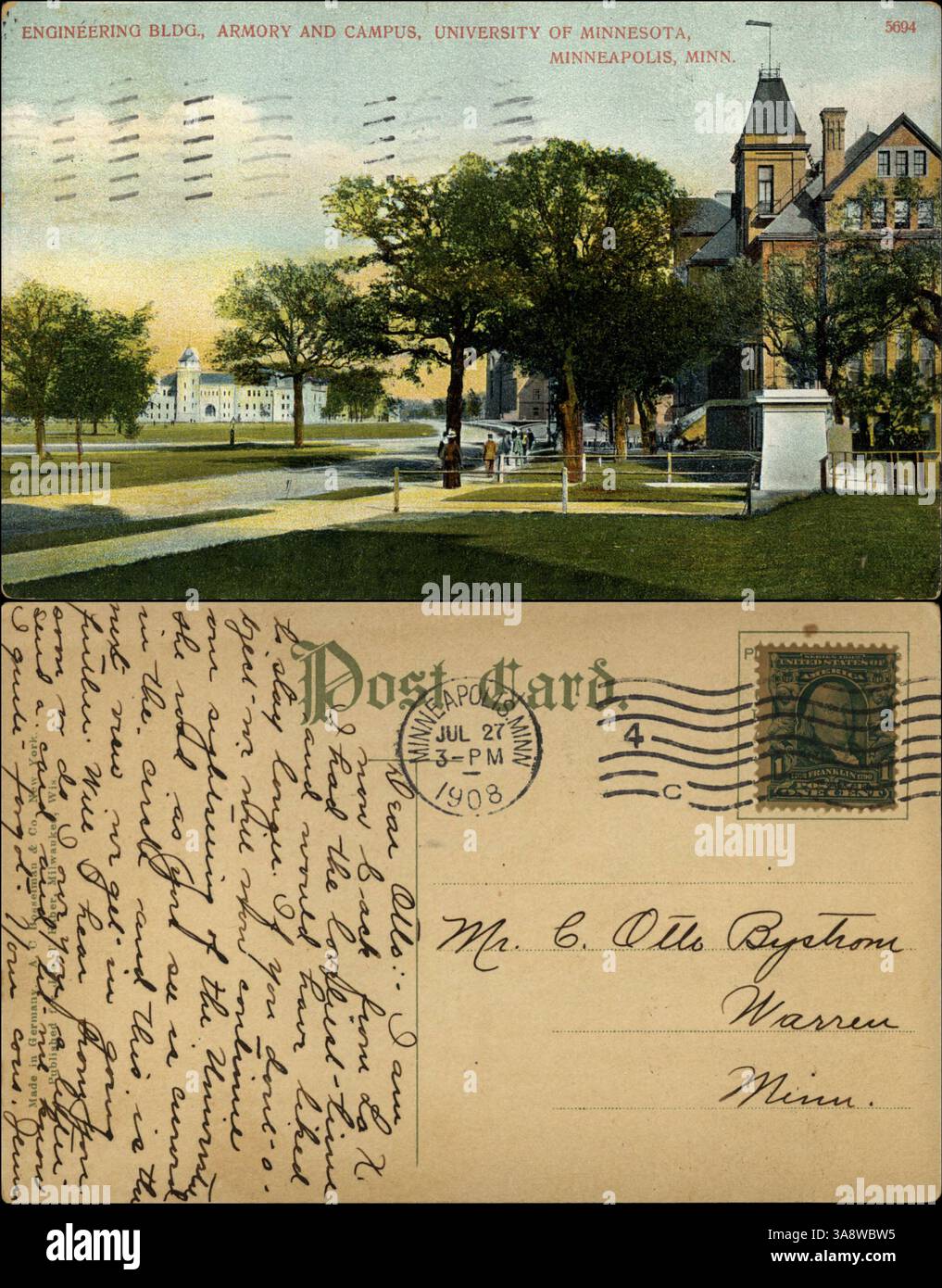 A photograph of the Engineering Building and Armory on the campus of the University of Minnesota in Minneapolis, taken in 1908. The postcard is addressed to Mr. C. Otto Bystrom from Jenni, sharing a letter about a visit to the university. Stock Photo