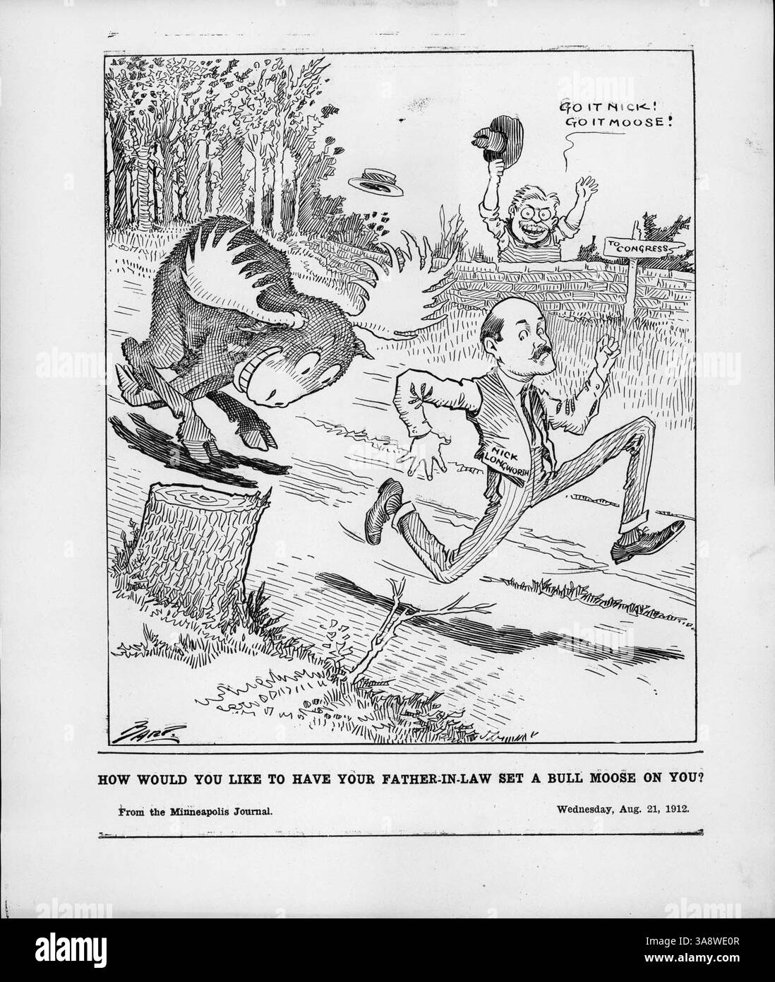 The cartoon depicts Nick Longworth being chased by a bull moose, with ...