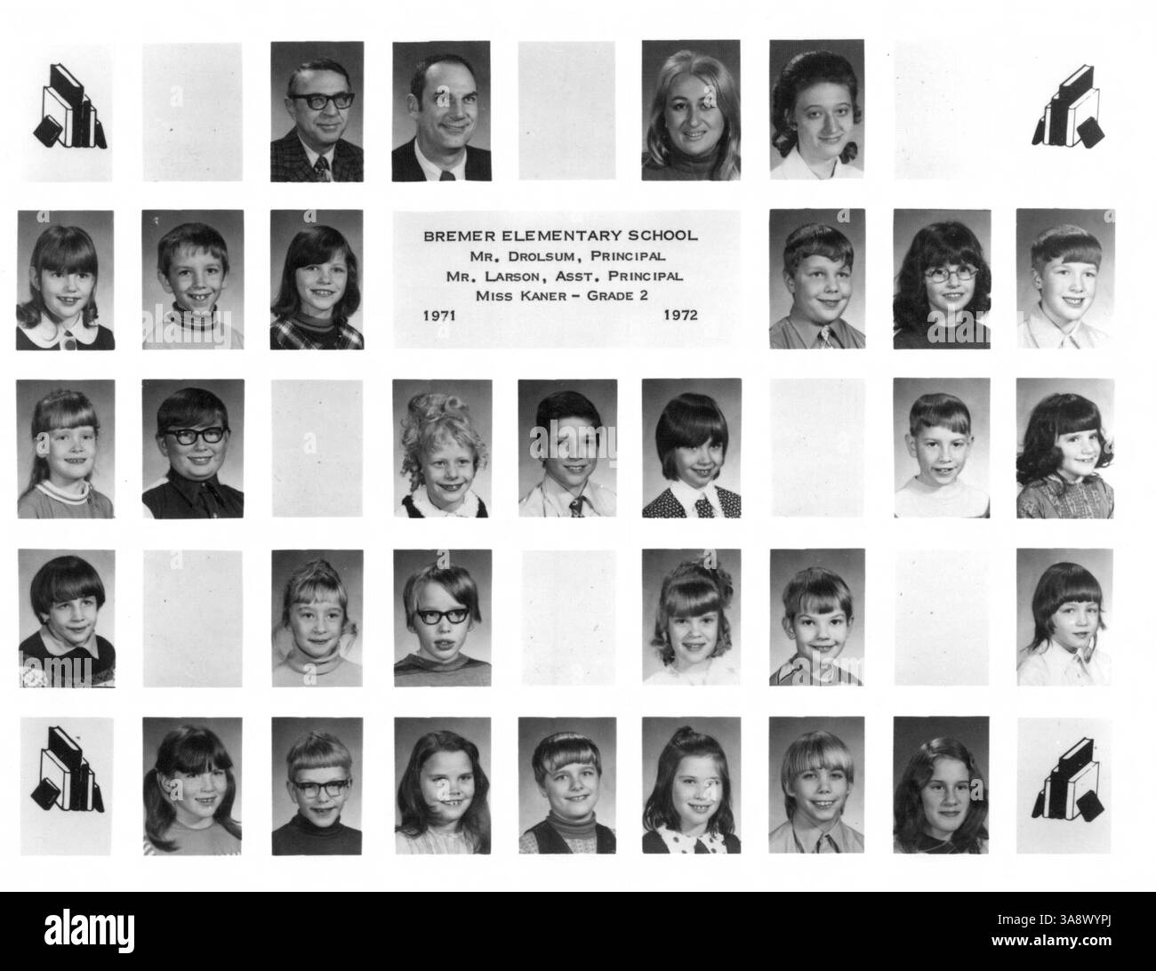The Bremer Elementary School yearbook from 1971-1972 includes class photographs of students and teachers. The students in the photos are not identified, but they reflect the educational environment of the time. Stock Photo