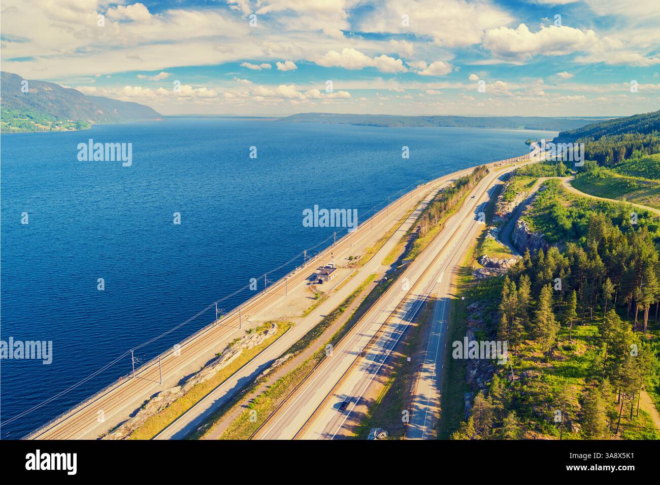 Aerial view of the beautiful Lake Mjosa and the highway. Norway Stock ...