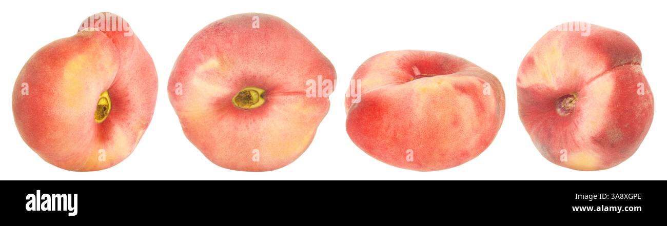 Set flat peaches from different angles isolated on white background. Stock Photo