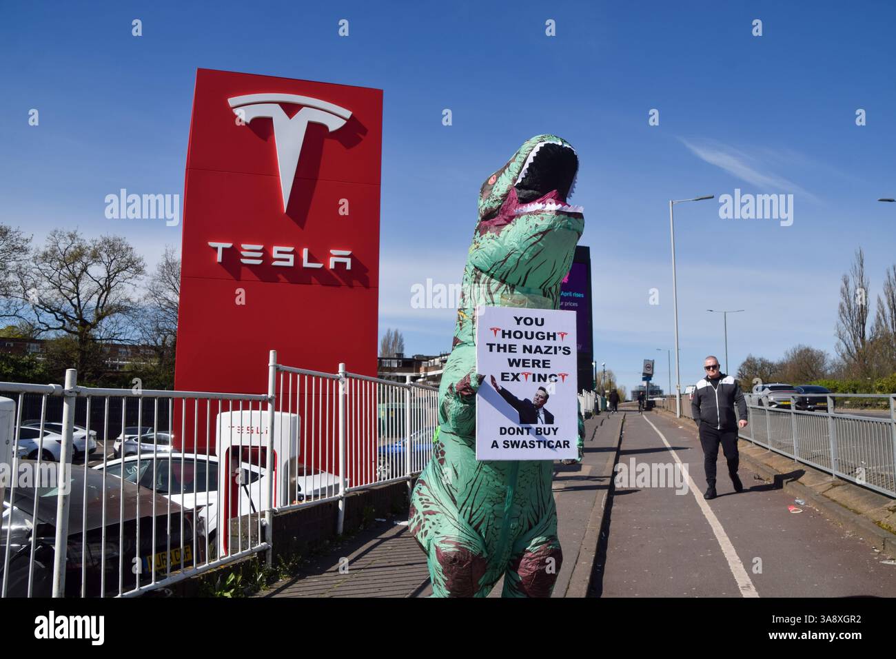 London, UK. 29th March 2025. Protesters gather outside the Tesla Centre ...