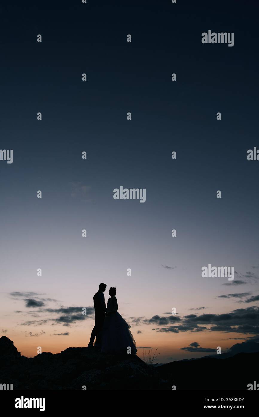 Silhouettes of the bride and groom standing on the mountain, holding ...