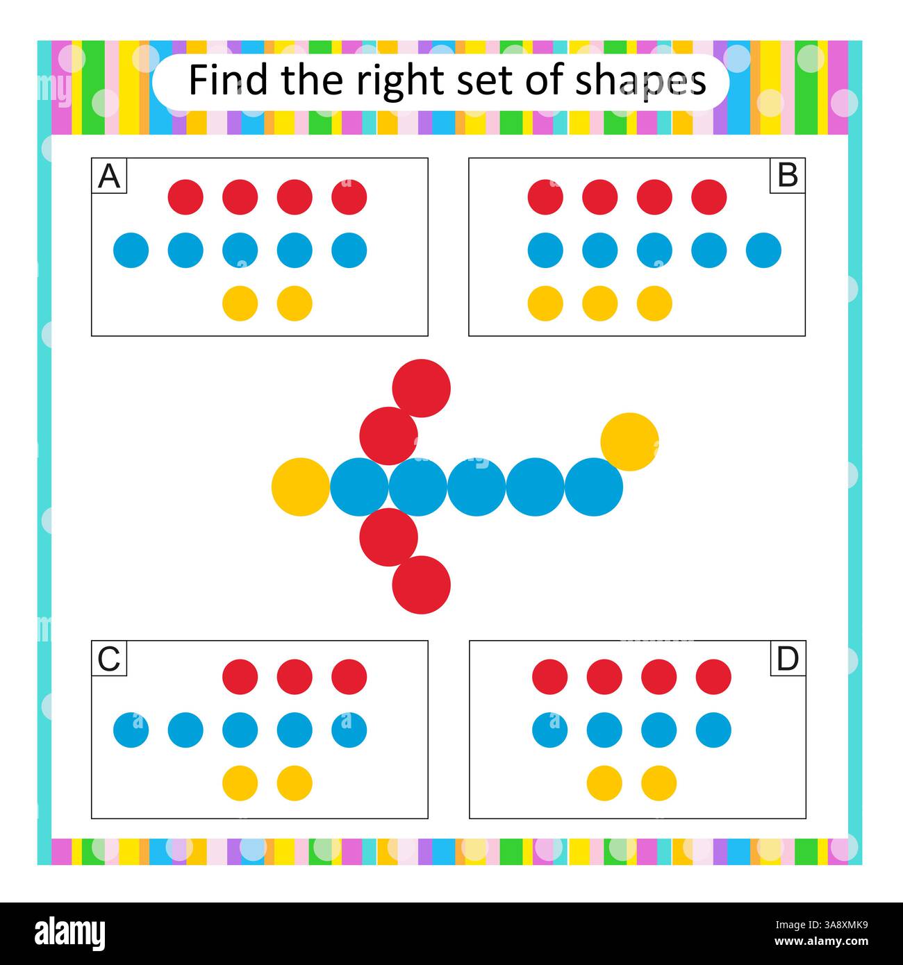 Logic puzzle for children. Find the correct set of cartoon plane. Vector illustration. Answer is A. Stock Vector