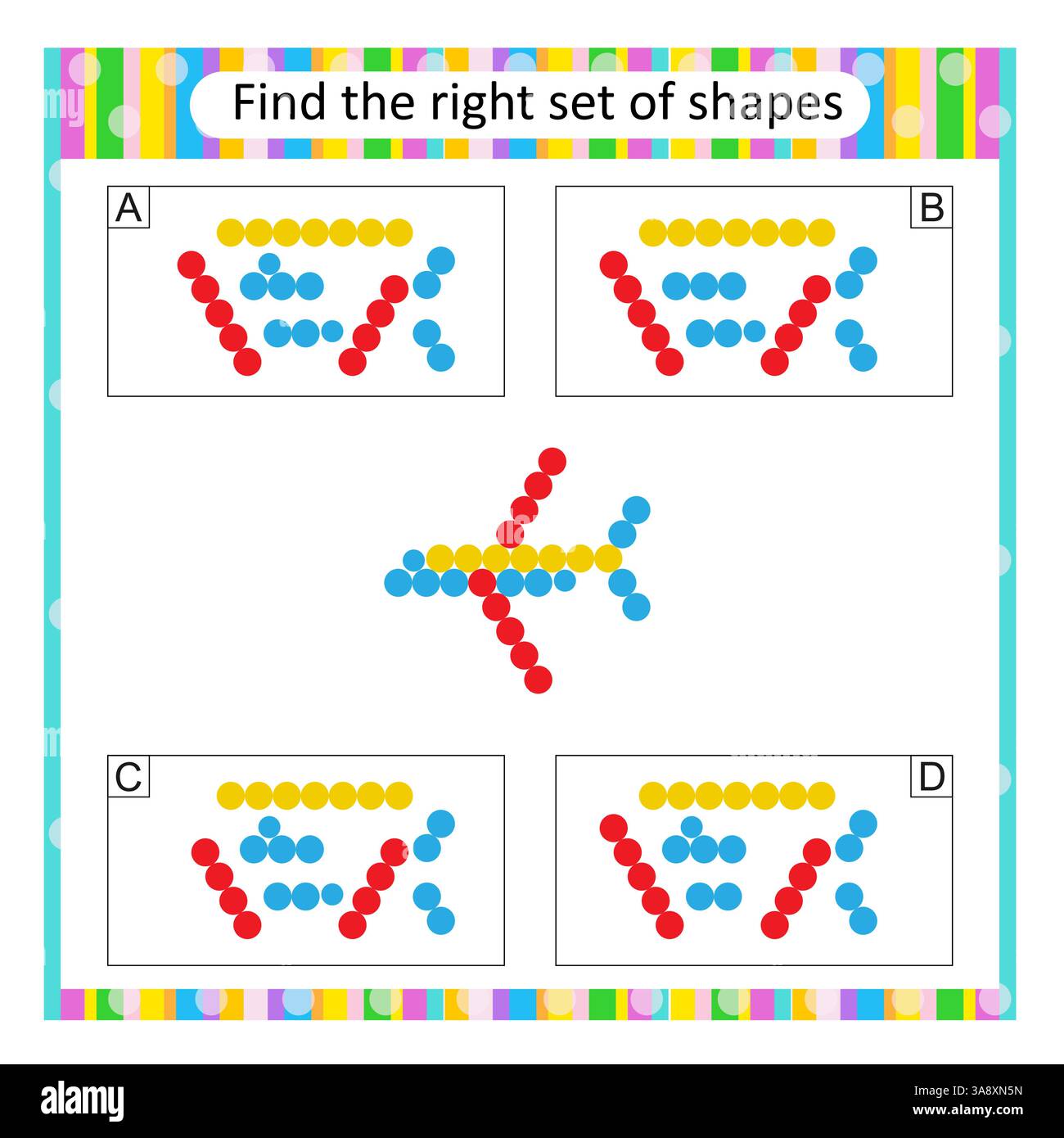 Logic puzzle for children. Find the correct set of cartoon plane. Vector illustration. Answer is A. Stock Vector