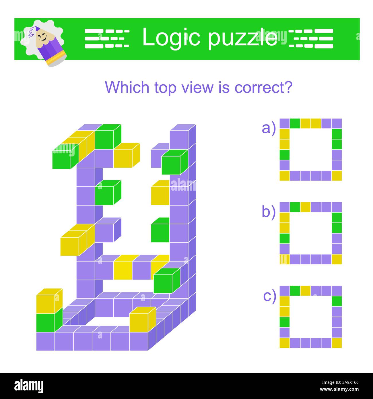 Logic puzzle for children. Which top view is correct? IQ training test ...