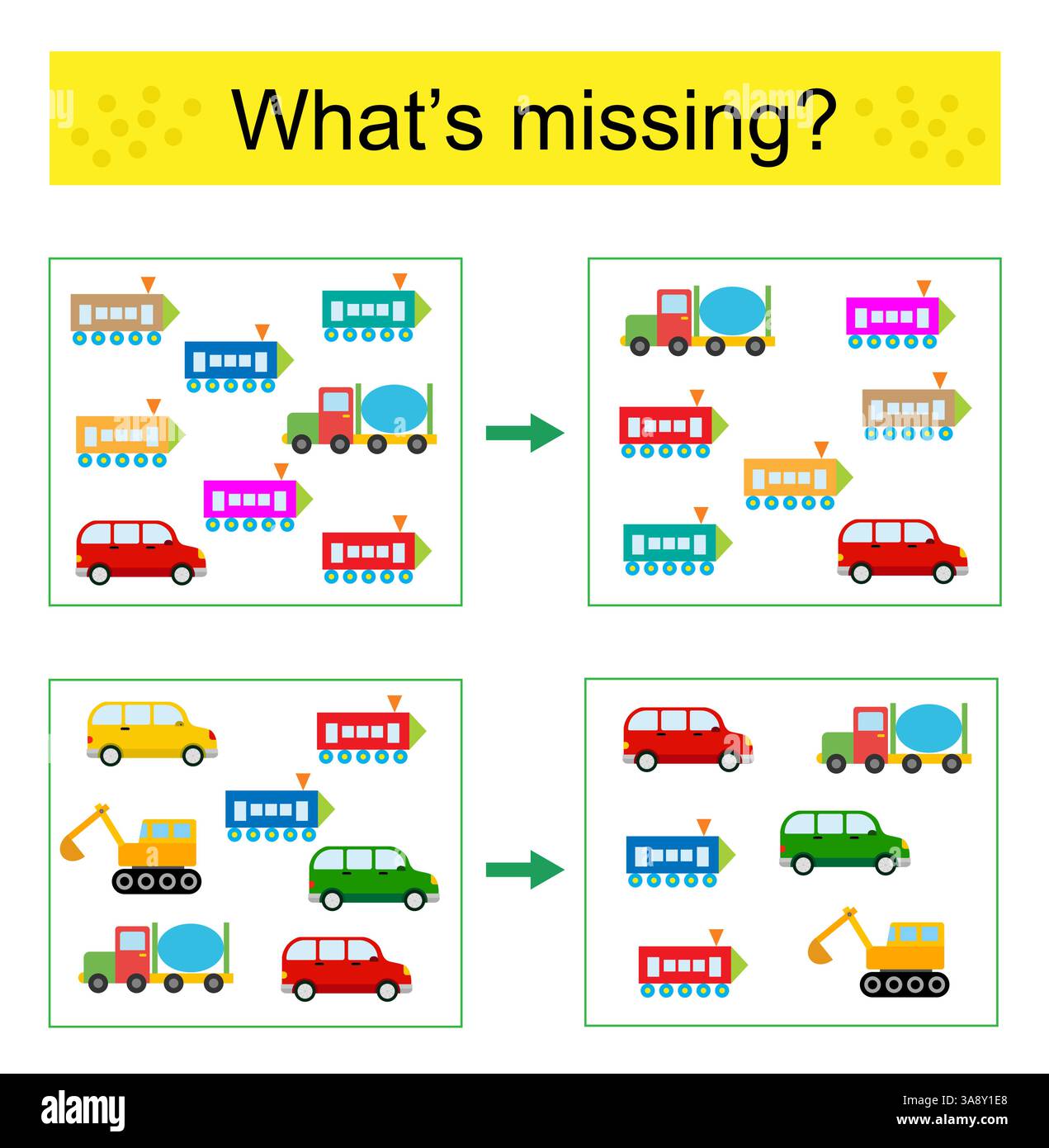 Puzzle game for kids. Find the missing object. Cartoon transports ...