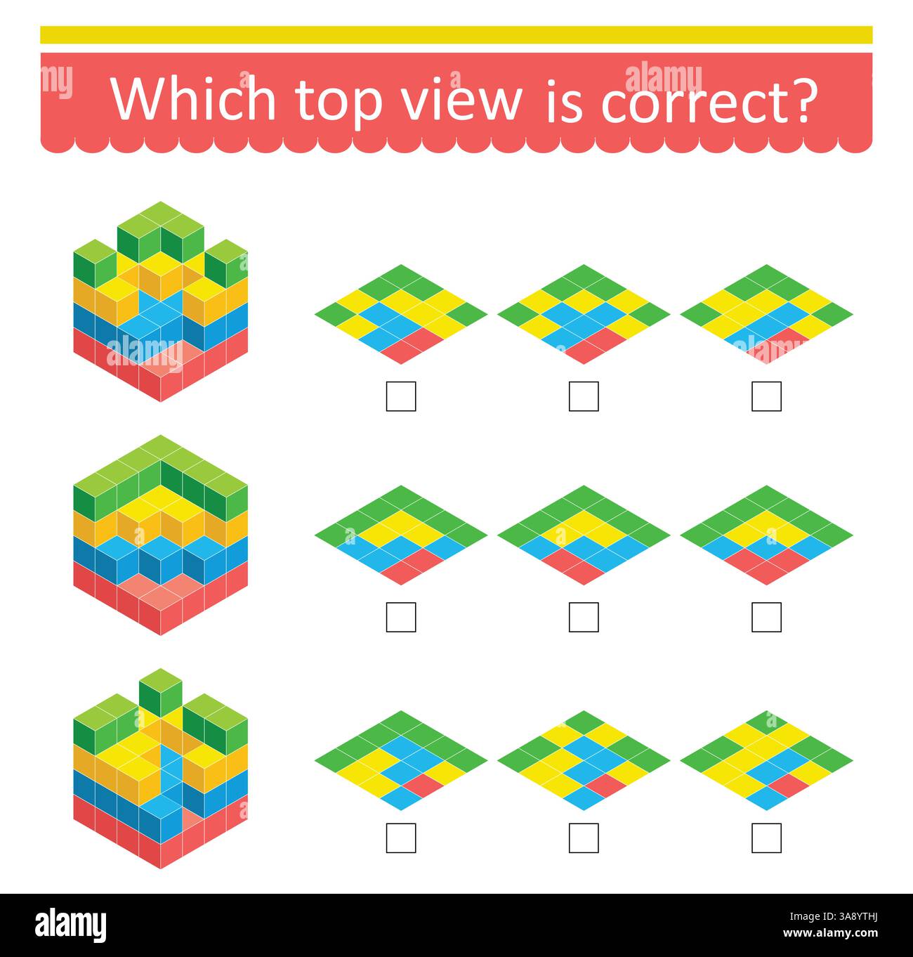 Puzzle game. Which top vıew is correct? IQ training test. Vector illustration. Stock Vector