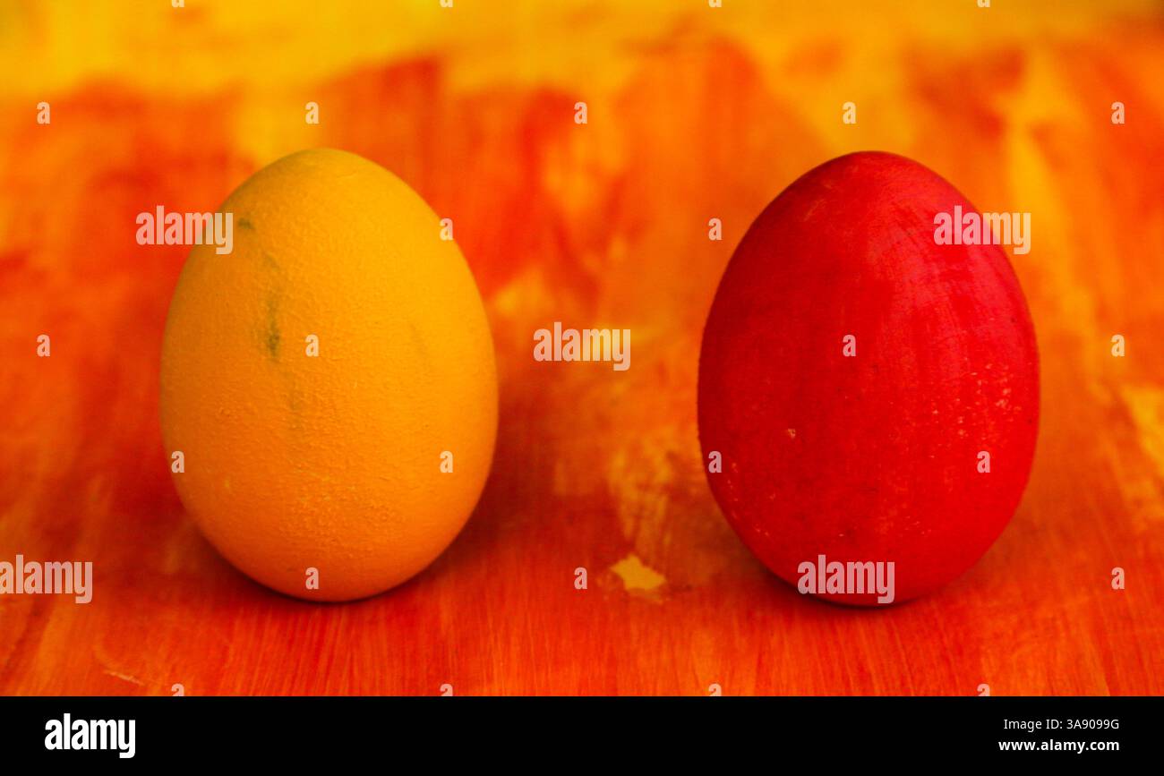 Two freshly painted Easter eggs. Stock Photo