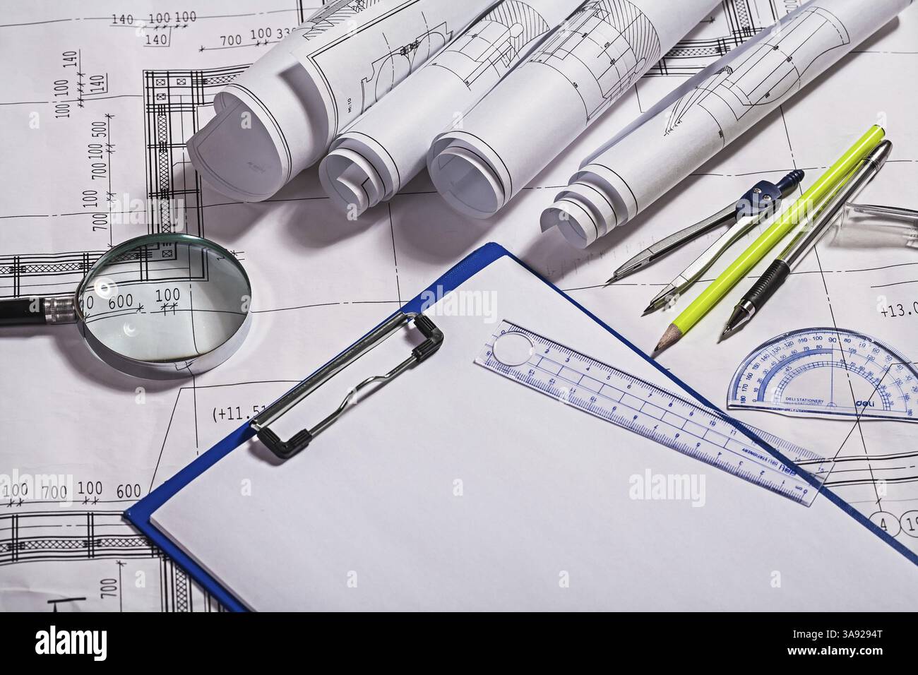 Blueprints and drawing tools Stock Photo - Alamy