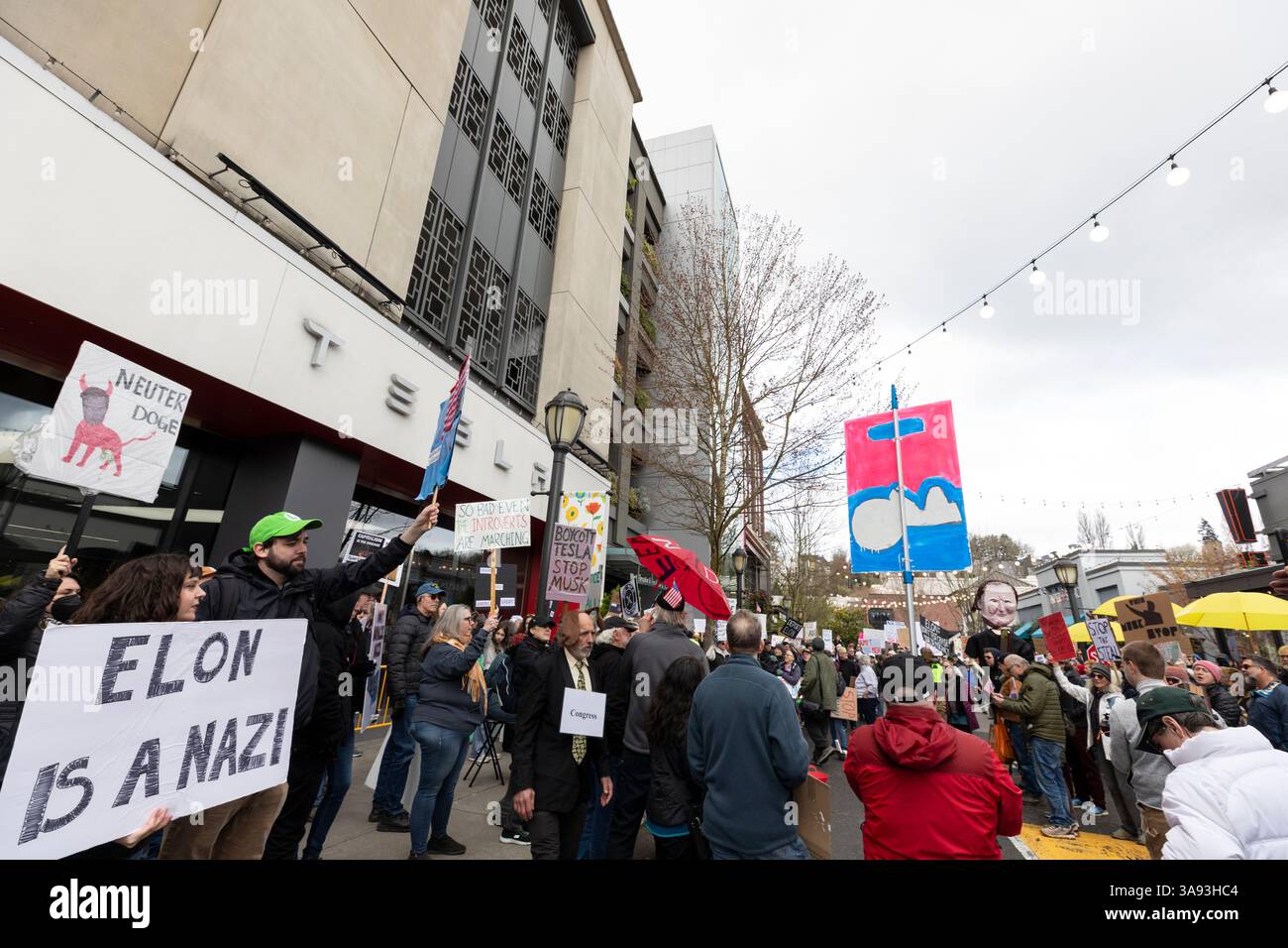 Seattle, Washington, USA. 29th March, 2025. Protesters gather in front of University Village Tesla. The Tesla Takedown Rally, part of a Global Day of Action, is a protest against Elon Musk and the Donald Trump administration.  Credit: Paul Christian Gordon/Alamy Live News Stock Photo