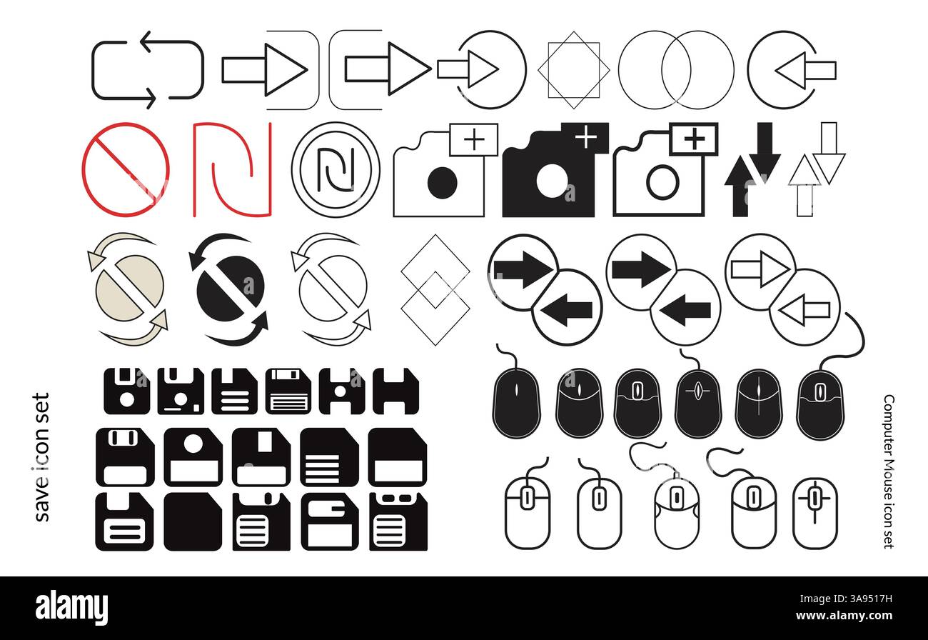 Simple Set of Floppy disk linear icon and computer mouse icon vector design Stock Vector