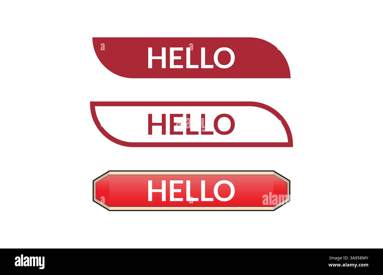 Hello red ribbon label banner set. Open available now sign or Hello tag ...