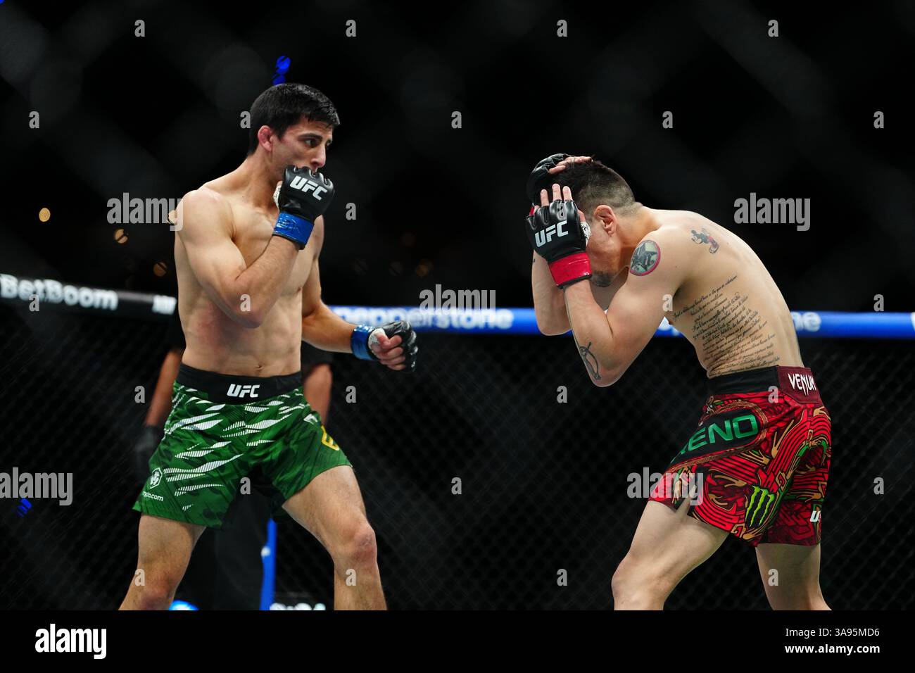 Mexico City, Mexico, United States. 29th Mar, 2025. MEXICO CITY, MEXICO - MARCH 29: Brandon Moreno and Steve Erceg meet in the octagon for a 5-round bout at UFC Fight Night - Moreno vs Erceg at Arena CDMX on March 29, 2025 in Mexico City, Mexico (Photo by Louis Grasse/PxImages) Credit: Px Images/Alamy Live News Stock Photo