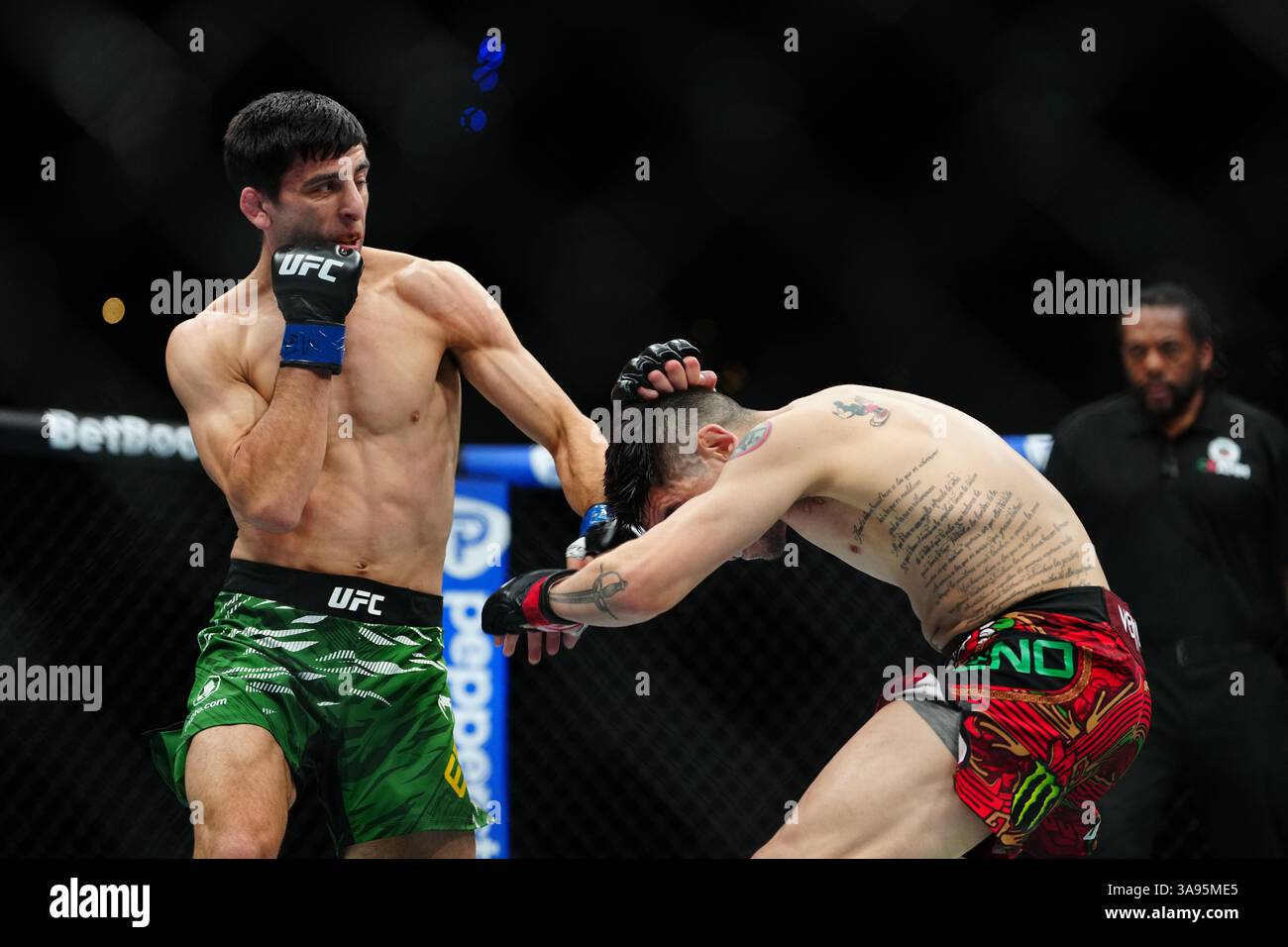 Mexico City, Mexico, United States. 29th Mar, 2025. MEXICO CITY, MEXICO - MARCH 29: Brandon Moreno and Steve Erceg meet in the octagon for a 5-round bout at UFC Fight Night - Moreno vs Erceg at Arena CDMX on March 29, 2025 in Mexico City, Mexico (Photo by Louis Grasse/PxImages) Credit: Px Images/Alamy Live News Stock Photo