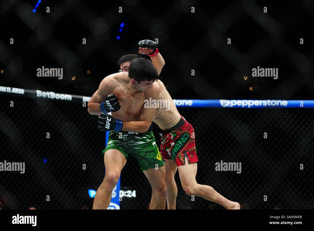 Mexico City, Mexico, United States. 29th Mar, 2025. MEXICO CITY, MEXICO - MARCH 29: Brandon Moreno and Steve Erceg meet in the octagon for a 5-round bout at UFC Fight Night - Moreno vs Erceg at Arena CDMX on March 29, 2025 in Mexico City, Mexico (Photo by Louis Grasse/PxImages) Credit: Px Images/Alamy Live News Stock Photo