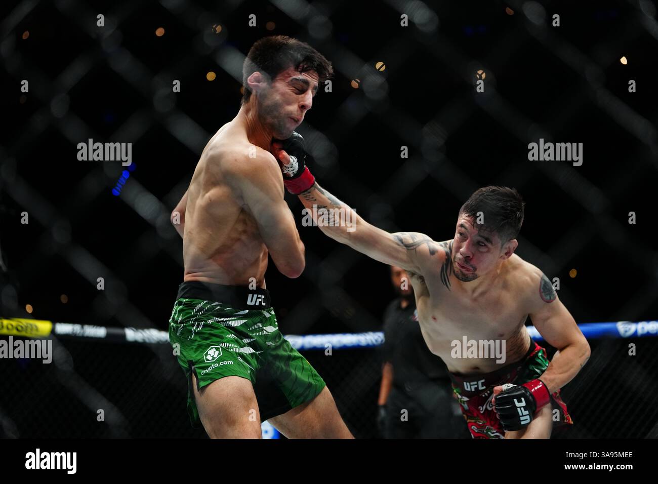 Mexico City, Mexico, United States. 29th Mar, 2025. MEXICO CITY, MEXICO - MARCH 29: Brandon Moreno and Steve Erceg meet in the octagon for a 5-round bout at UFC Fight Night - Moreno vs Erceg at Arena CDMX on March 29, 2025 in Mexico City, Mexico (Photo by Louis Grasse/PxImages) Credit: Px Images/Alamy Live News Stock Photo