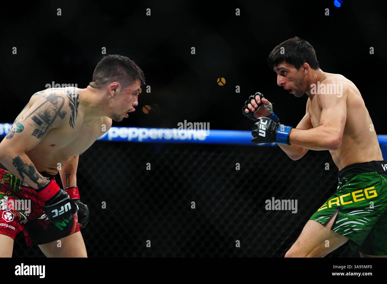 Mexico City, Mexico, United States. 29th Mar, 2025. MEXICO CITY, MEXICO - MARCH 29: Brandon Moreno and Steve Erceg meet in the octagon for a 5-round bout at UFC Fight Night - Moreno vs Erceg at Arena CDMX on March 29, 2025 in Mexico City, Mexico (Photo by Louis Grasse/PxImages) Credit: Px Images/Alamy Live News Stock Photo