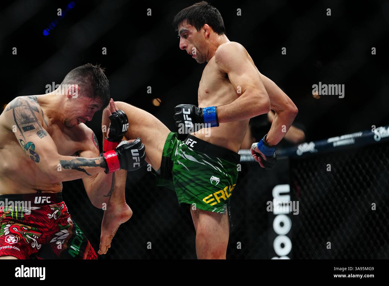 Mexico City, Mexico, United States. 29th Mar, 2025. MEXICO CITY, MEXICO - MARCH 29: Brandon Moreno and Steve Erceg meet in the octagon for a 5-round bout at UFC Fight Night - Moreno vs Erceg at Arena CDMX on March 29, 2025 in Mexico City, Mexico (Photo by Louis Grasse/PxImages) Credit: Px Images/Alamy Live News Stock Photo