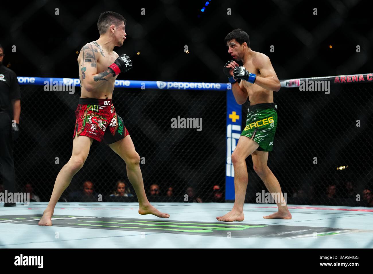 Mexico City, Mexico, United States. 29th Mar, 2025. MEXICO CITY, MEXICO - MARCH 29: Brandon Moreno and Steve Erceg meet in the octagon for a 5-round bout at UFC Fight Night - Moreno vs Erceg at Arena CDMX on March 29, 2025 in Mexico City, Mexico (Photo by Louis Grasse/PxImages) Credit: Px Images/Alamy Live News Stock Photo