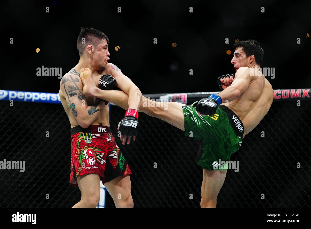 Mexico City, Mexico, United States. 29th Mar, 2025. MEXICO CITY, MEXICO - MARCH 29: Brandon Moreno and Steve Erceg meet in the octagon for a 5-round bout at UFC Fight Night - Moreno vs Erceg at Arena CDMX on March 29, 2025 in Mexico City, Mexico (Photo by Louis Grasse/PxImages) Credit: Px Images/Alamy Live News Stock Photo