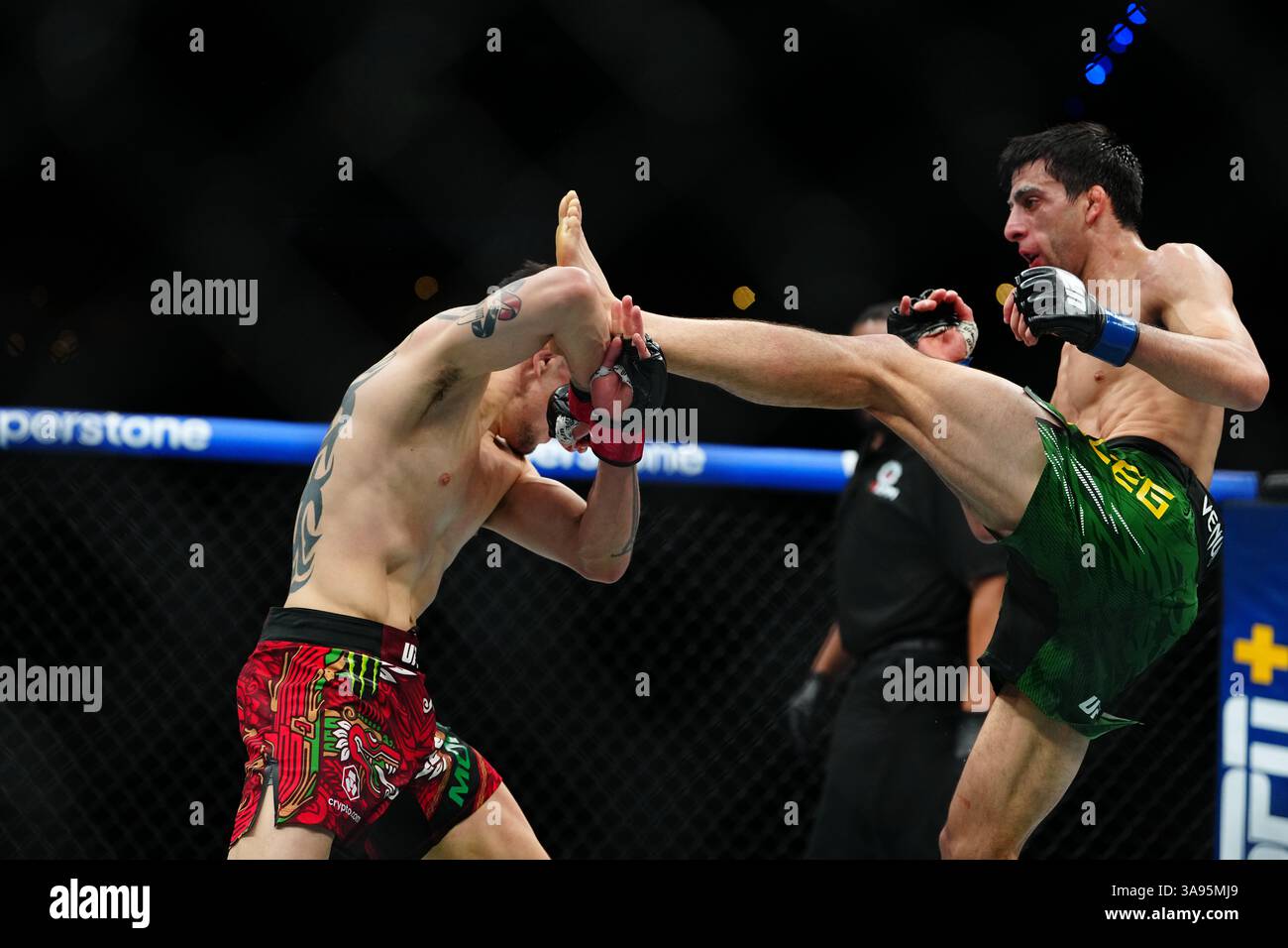 Mexico City, Mexico, United States. 29th Mar, 2025. MEXICO CITY, MEXICO - MARCH 29: Brandon Moreno and Steve Erceg meet in the octagon for a 5-round bout at UFC Fight Night - Moreno vs Erceg at Arena CDMX on March 29, 2025 in Mexico City, Mexico (Photo by Louis Grasse/PxImages) Credit: Px Images/Alamy Live News Stock Photo