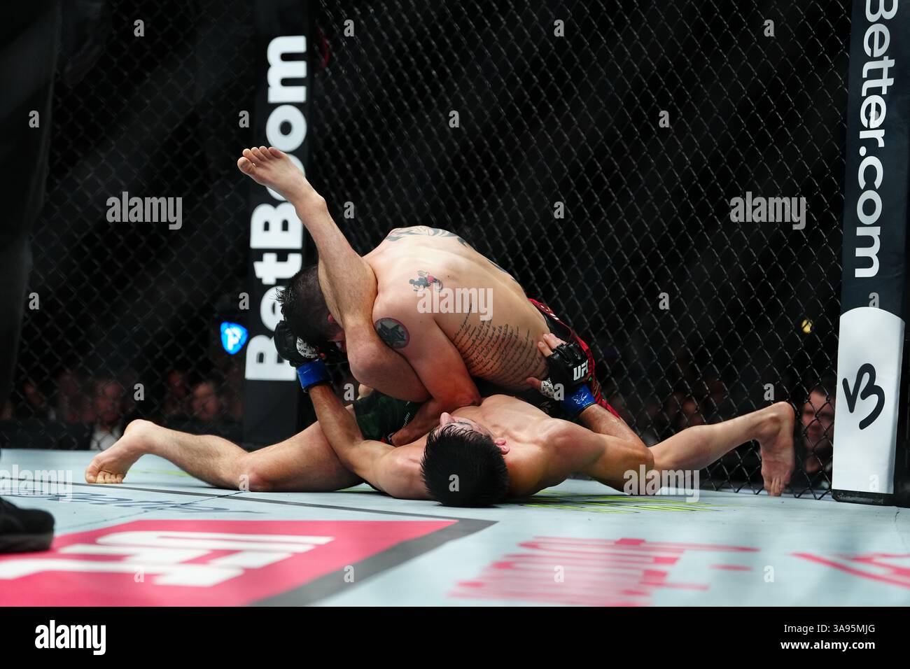 Mexico City, Mexico, United States. 29th Mar, 2025. MEXICO CITY, MEXICO - MARCH 29: Brandon Moreno and Steve Erceg meet in the octagon for a 5-round bout at UFC Fight Night - Moreno vs Erceg at Arena CDMX on March 29, 2025 in Mexico City, Mexico (Photo by Louis Grasse/PxImages) Credit: Px Images/Alamy Live News Stock Photo