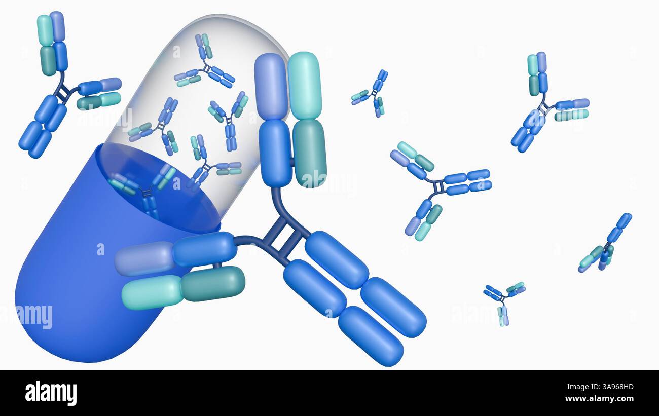 A 3d rendering of drug capsule and scattered antibody molecules ...