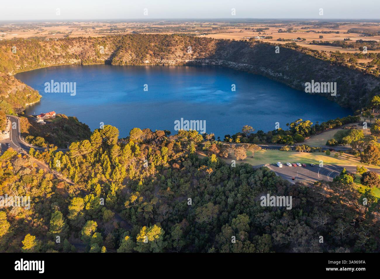 Aerial view of The Blue Lake in an extinct volcanic crater at Mount Gambier on the Limestone Coast in South Australia, Stock Photo