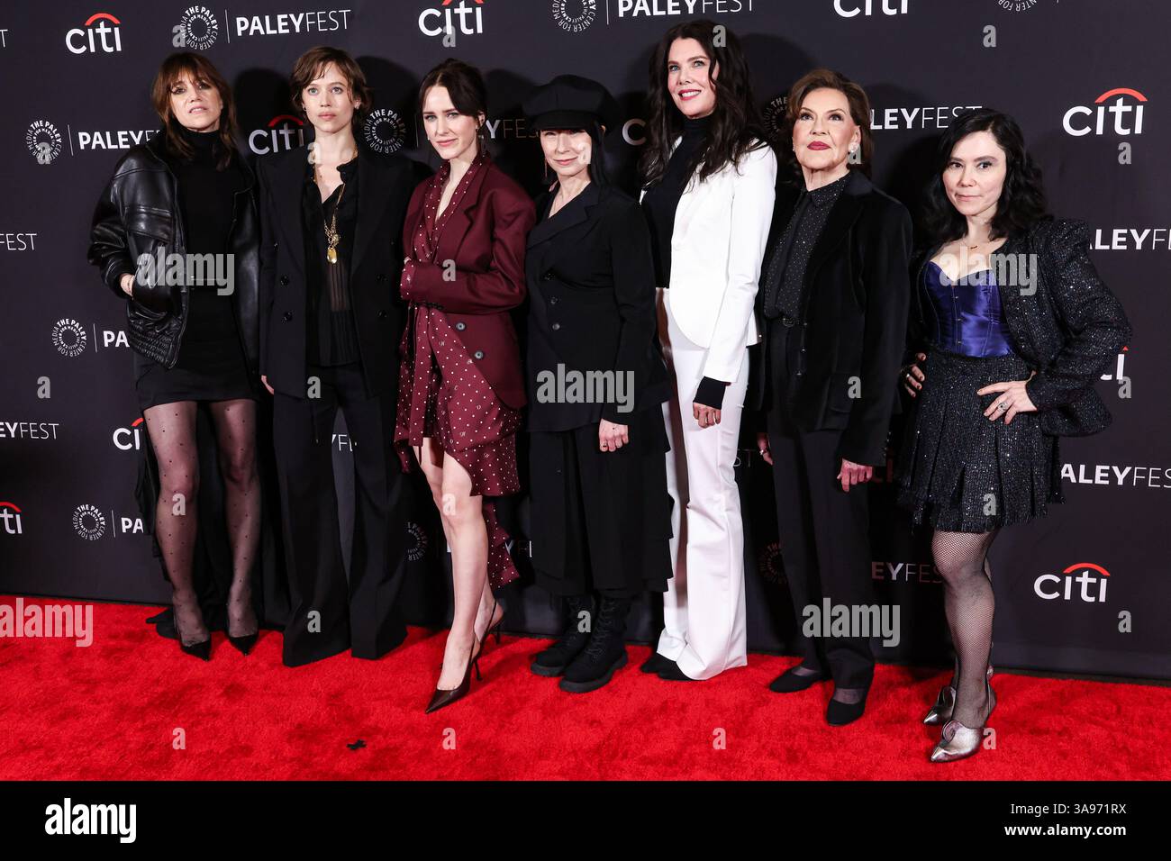HOLLYWOOD, LOS ANGELES, CALIFORNIA, USA - MARCH 29: Charlotte Gainsbourg, Lou de Laâge (Lou de Laage), Rachel Brosnahan, Amy Sherman-Palladino, Lauren Graham, Kelly Bishop and Alex Borstein arrive at the 2025 PaleyFest LA (42nd Annual William S. Paley Television Festival) - 'Gilmore Girls, The Marvelous Mrs. Maisel, And Etoile: The Amy Sherman-Palladino Multiverse' held at the Dolby Theatre on March 29, 2025 in Hollywood, Los Angeles, California, United States. (Photo by Xavier Collin/Image Press Agency) Stock Photo