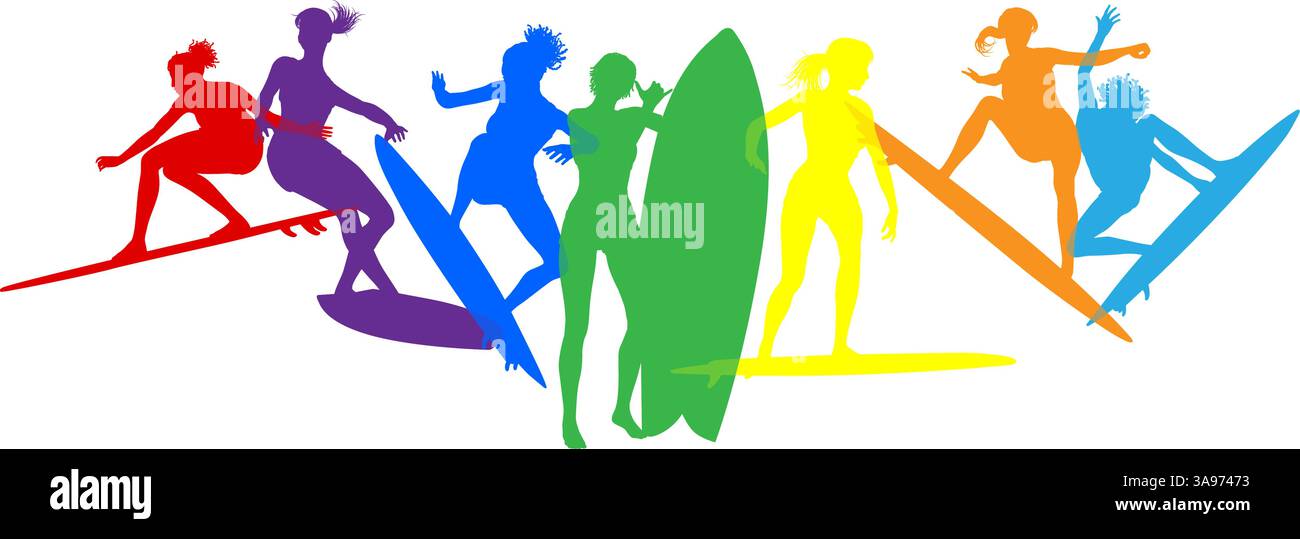 Surfer Surfboard Surfers Women Female Silhouettes Stock Vector Image ...