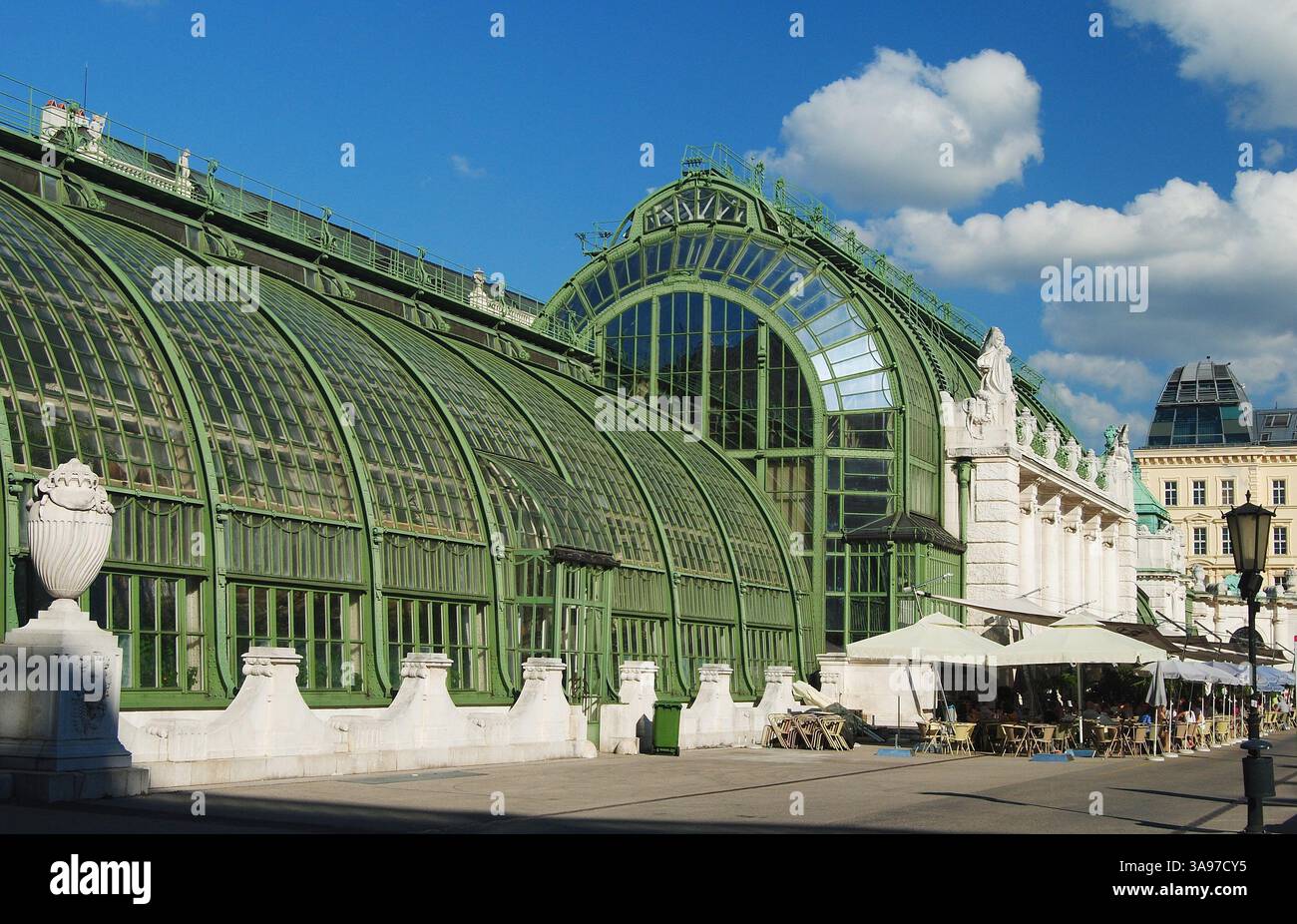 Palmenhaus (Palm House) building, also known as the Glashaus (Glass House), in the Innere Stadt district of Vienna, Austria. The building, influenced Stock Photo