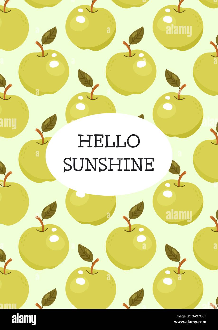 Hello sunshine text with seamless green apple fruit pattern background Stock Vector