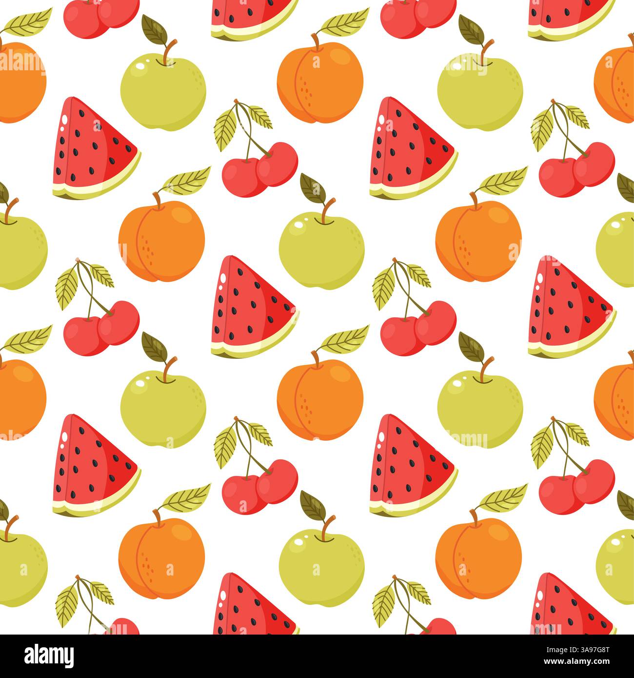 Colorful seamless fruit pattern with watermelon apple cherry apricot elements Stock Vector