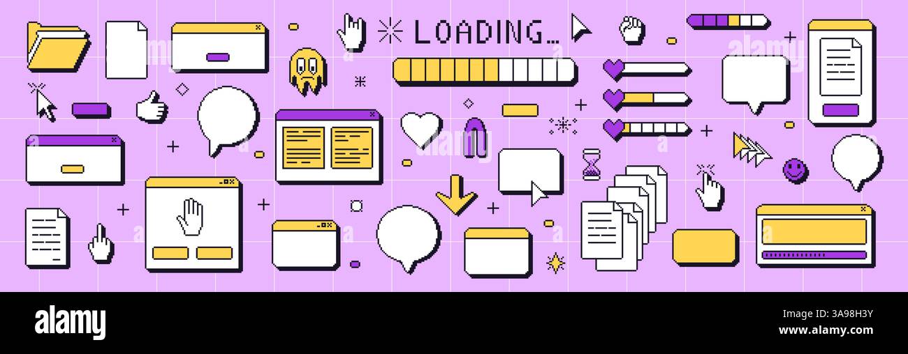 Pixel art windows interface. 8 bit browser and popup elements with ...