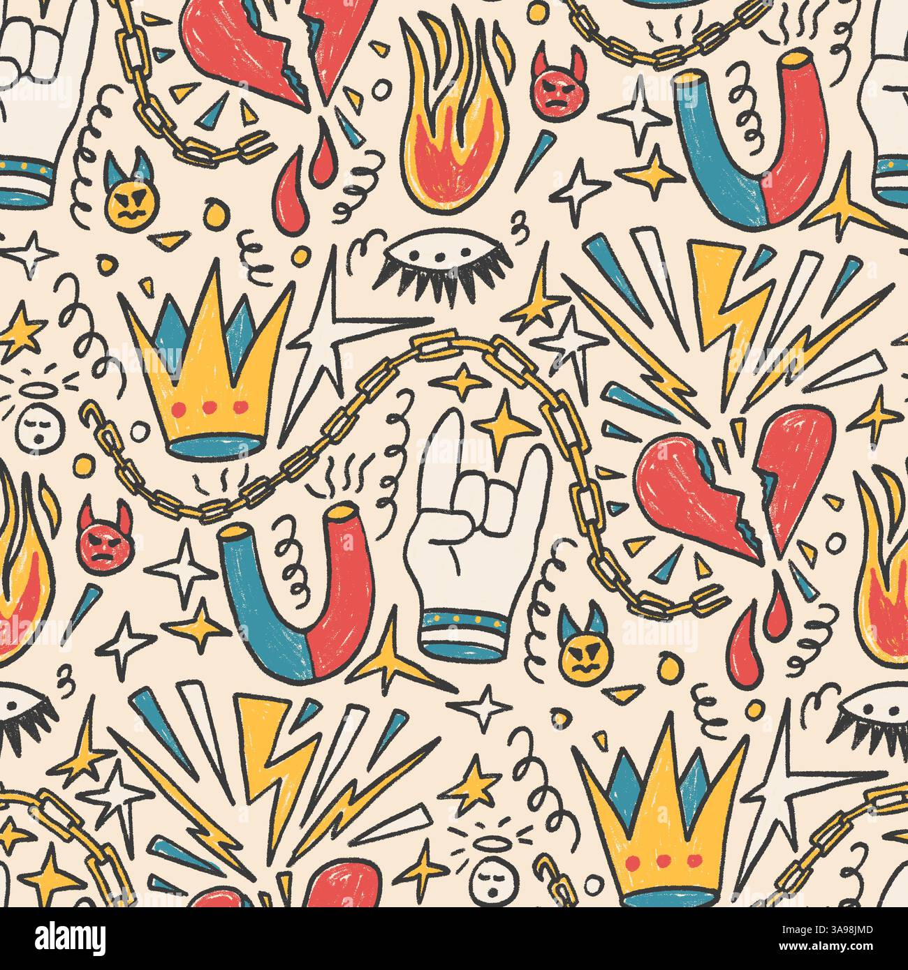 Girly punk rock crayon seamless pattern. Graffiti doodle marker endless ...